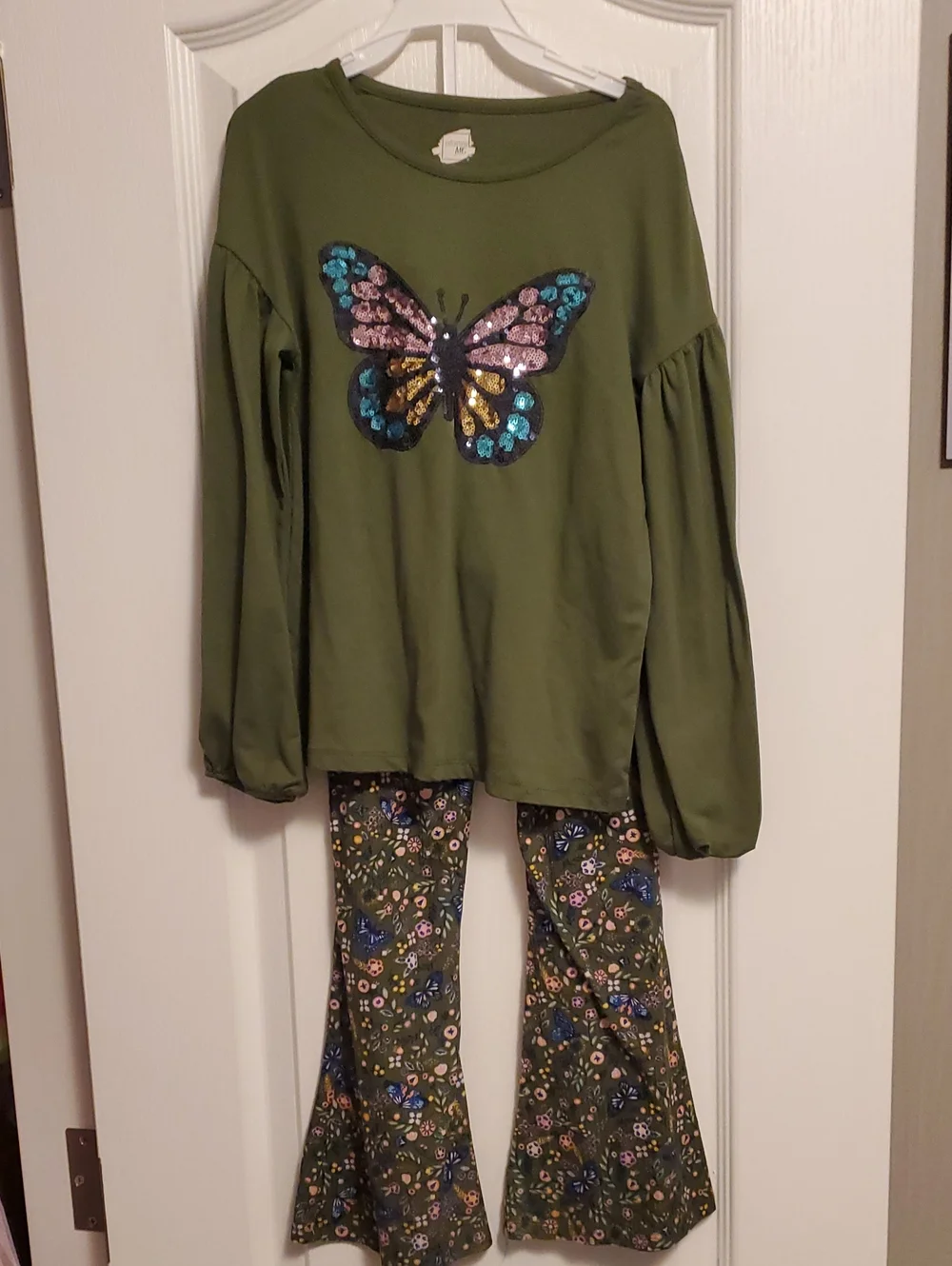 Olive Green Butterfly Sequin Top with Floral Flared Pants